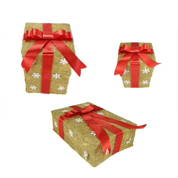 Northlight Lighted Snowflake Gift Box Outdoor Christmas Decoration - 13" - Gold - Set of 3
