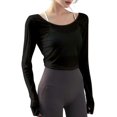 thumbnail image 1 of Women's Open Back Long Sleeve Sheer Workout Crop Top Stretchy Breathable Tie Back Strap Slim Fit Cover Up T-Shirt White L, 1 of 4
