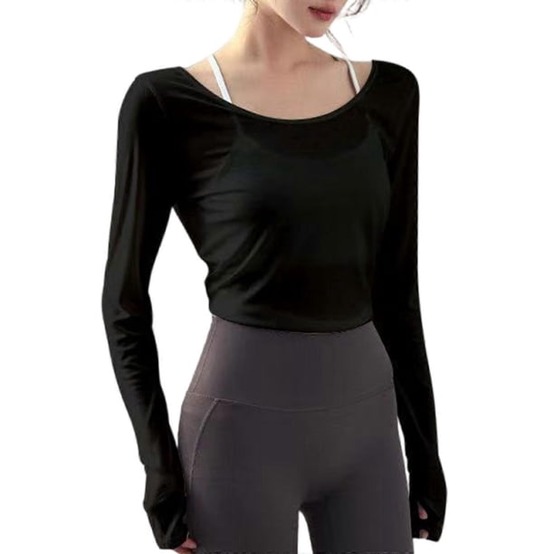 Women's Open Back Long Sleeve Sheer Workout Crop Top Stretchy Breathable Tie Back Strap Slim Fit Cover Up T-Shirt White L