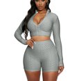 thumbnail image 3 of ITFABS Female Casual Solid Color Stand Collar Long Sleeve Crop Tops+Short Pants, 3 of 8
