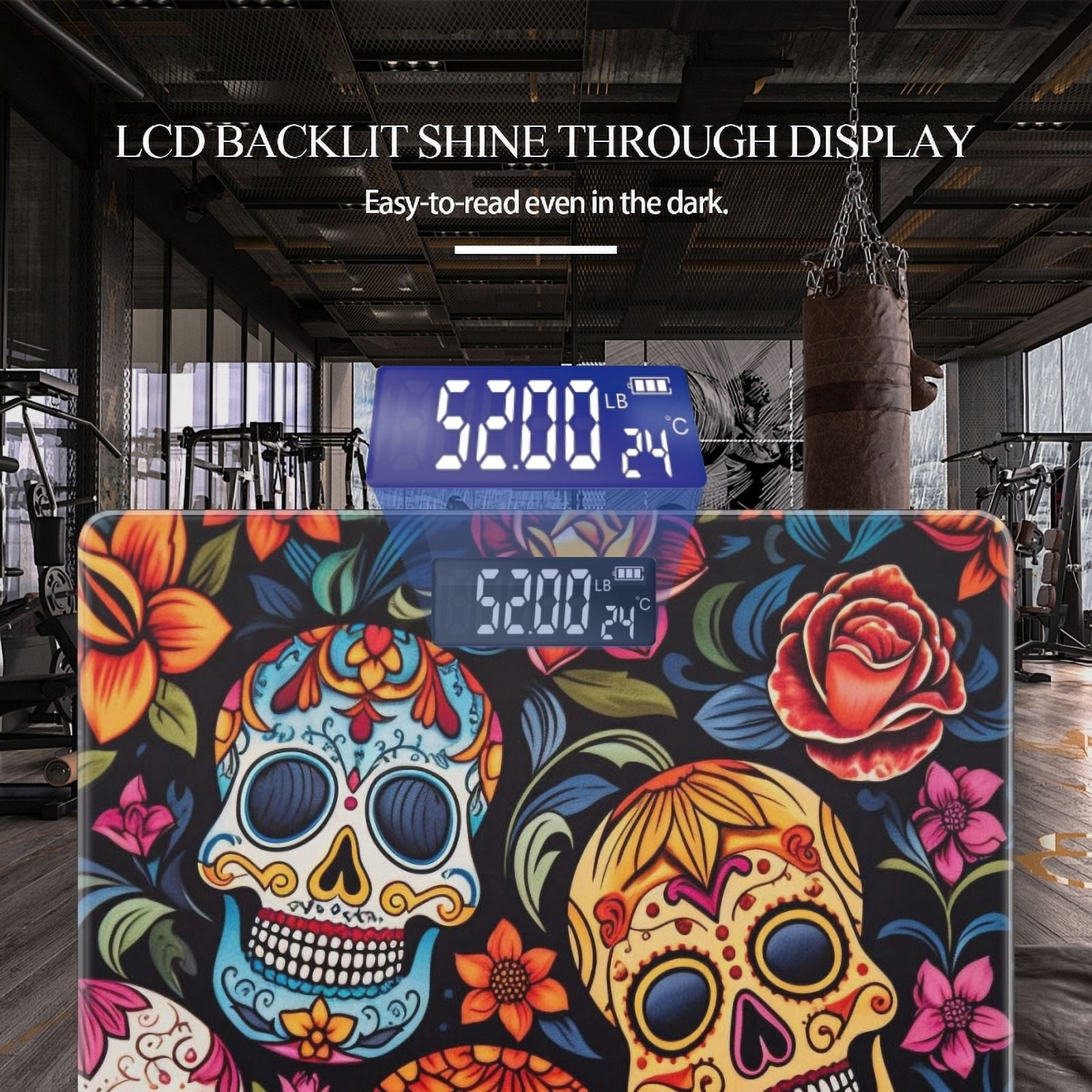 High Precision Body Weight Scale Smart Bathroom Scales with Large LCD Display(400lbs),Decorative for Bedroom-Mexican Skulls With Floral Designs On Black Background