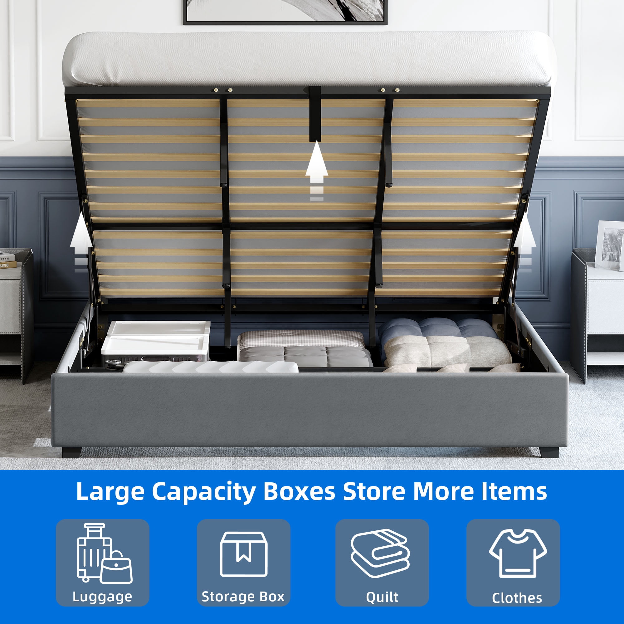 DEXTRUS King Size Lift up Storage Bed, Velvet Upholstered Platform Bed, Fast Assembly, Gray