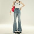 thumbnail image 1 of Los jeans rotos muestran altura y delgadez, pantalones con bordes ásperos, pantalones acampanados con flecos, pantalones microacampanados finos, rectos y suaves de pierna ancha, 1 of 5
