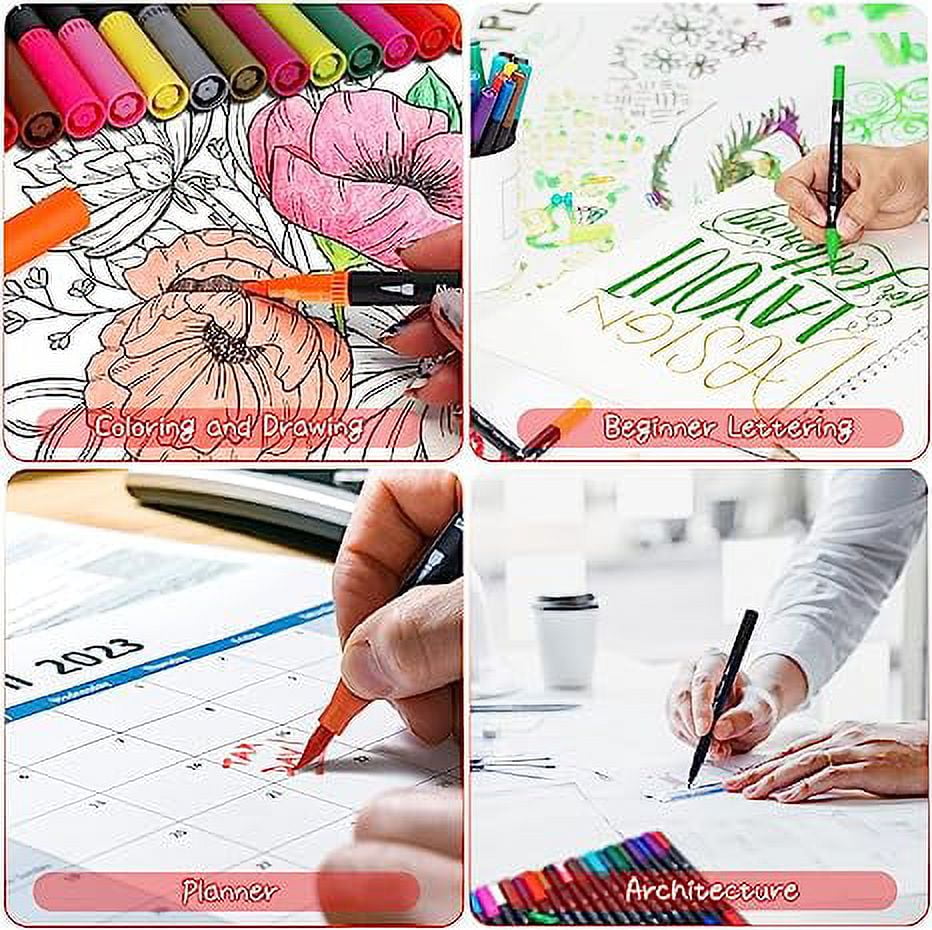 Zhuge Dual Tip Brush Pens (48 Colors), Double Ended Watercolor Pen Set with Water Based Highlighters & Fine Line Markers, Ideal for Outline Work, Artistic Drawing, Black pole