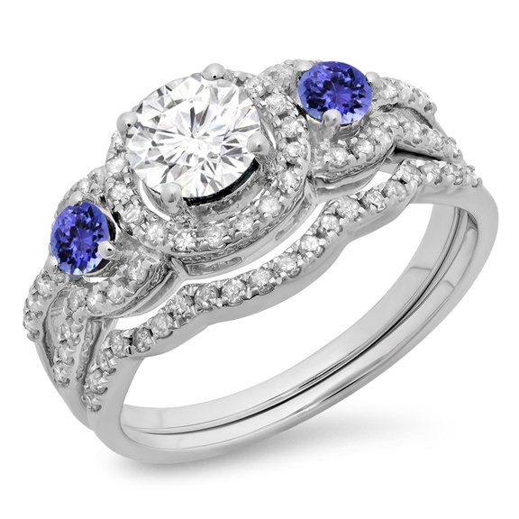 Dazzlingrock Collection 14K Round Tanzanite & White Diamond Ladies 3 Stone Halo Bridal Engagement Ring Set, White Gold, Size 5