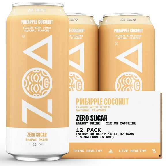 ZOA Zero Sugar Energy Drink, Pineapple Coconut, 16oz (12-Pack)