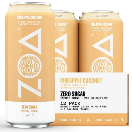 (Best By 04/10/2025)ZOA Zero Sugar Energy Drink  Pineapple Coconut  16oz (12-Pack)