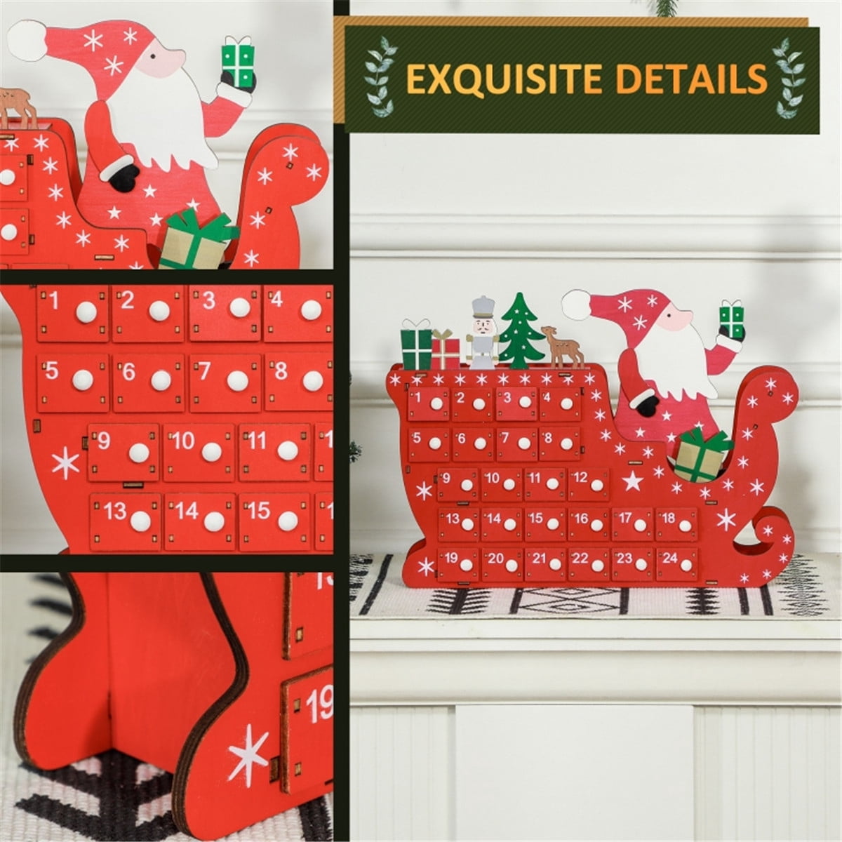 Santa Sleigh Christmas Advent Calendar 24-Day Drawer Style Countdown Decor for Desks Mantles Fireplaces Holiday Treat Storage Red