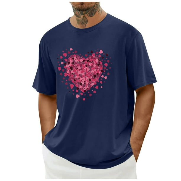 Tops para hombre, blusas y camisas de cuello redondo y manga corta para hombre. Camiseta/camisa informal de cuello redondo y manga corta con estampado de corazones para hombre. Tops de poliéster para