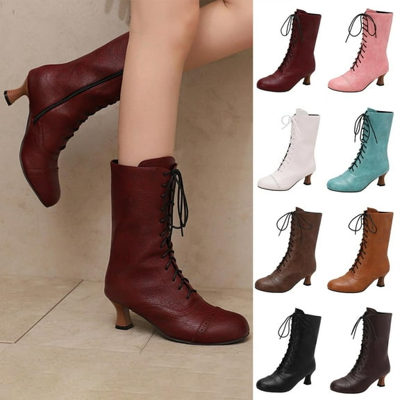 LOVZFMLL Boots for Women Mid Calf Winter Boots Lace Up Round Toe Adjustable Straps Mid Flare Heel Fashion Fall Winter Boots