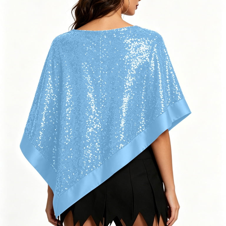 Puyaiuu Women Sequin Irregular Poncho Shawl Satin Trim Sparkly Cape Evening Party Formal Dress Cover Up Sky Blue Free Size Gift, Women's