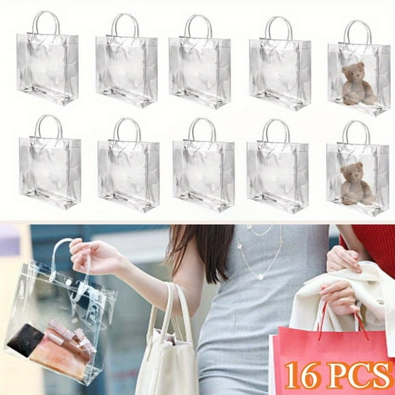 Durable 16Pcs Transparent PVC Gift Bags,7.87" x 7.87" x 3.15"Reusable Tote Bags with Sturdy White Handles for Shopping,Party Favors,Weddings,Birthdays,Christmas and Crafts,Hand Tools Kits,Springtok