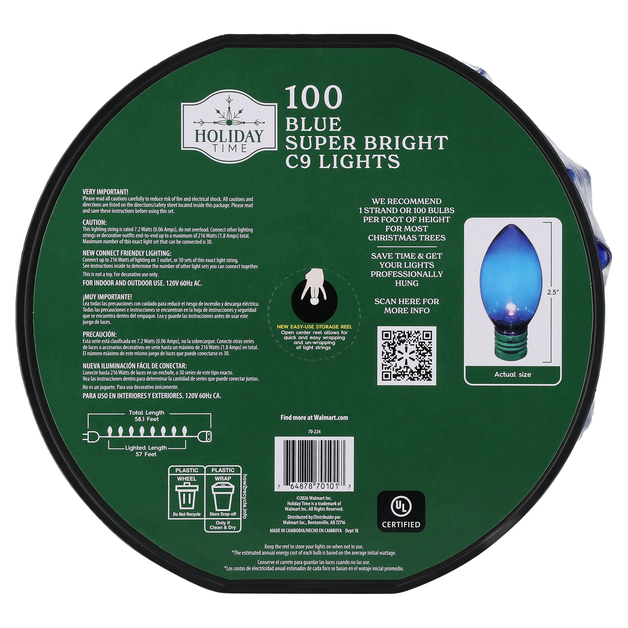 Indoor/Outdoor 100-Count LED Smooth C9 Christmas String Lights, Blue, Green Wire, 57', by Holiday Time