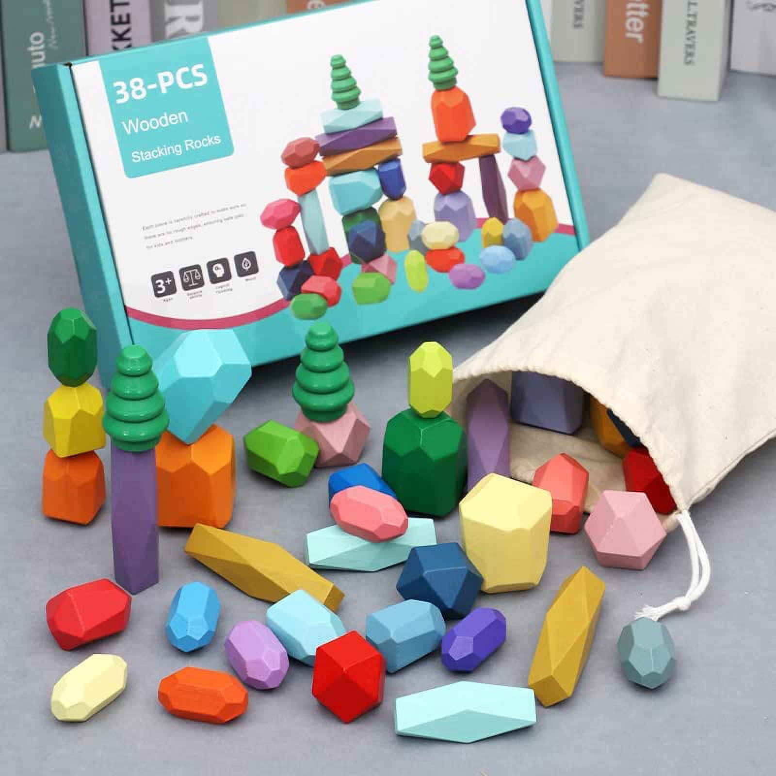 Bunmo 40pcs Stacking Rocks Toddler Toys; Wooden Building Blocks Montessori Toys; Tested for 1 - 2 + Year Old; Recommended Play F