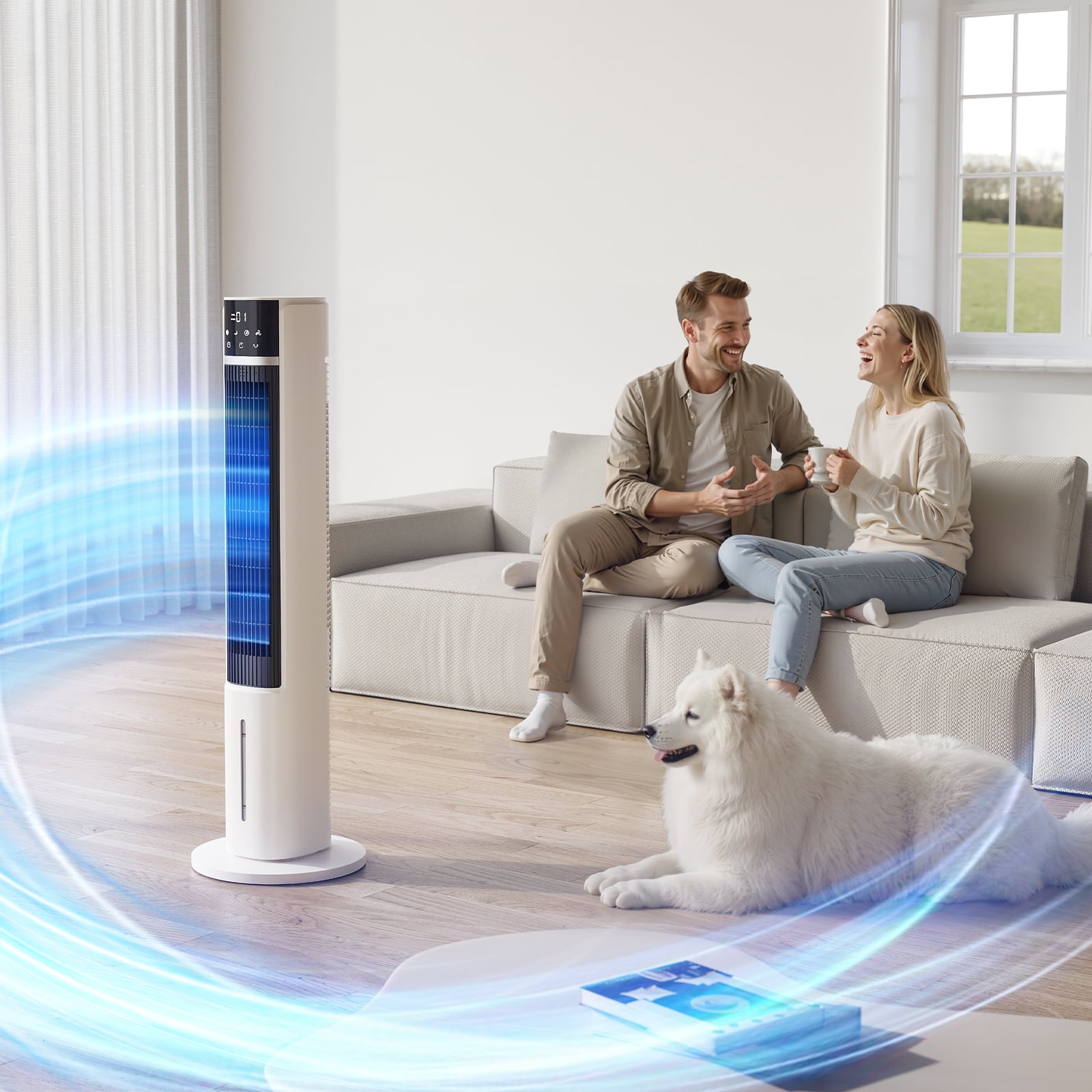 Evaporative Air Cooler Tower Fan for Home Bedroom, 40" Floor Standing Cooling Fans,90° Oscillating,4 Modes & 4 Speeds,12H Timer,2 Ice Crystal Boxes