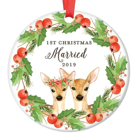Deer Christmas Ornament 2019, 1st Christmas Married Xmas Present for Husband & Wife First Stag Mr Mrs Floral Wreath Ceramic Porcelain Keepsake 3