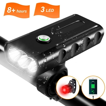 Rechargeable Bike Light,Headlight Free Taillight Set,1000 Lumens 3 LED Bicycle Front Lights,IPX5 Waterproof,3-Switch Modes, 360° Bracket,Portable Super Bright, Riding Hiking Camping Flashlight (Best Rechargeable Bike Light 2019)