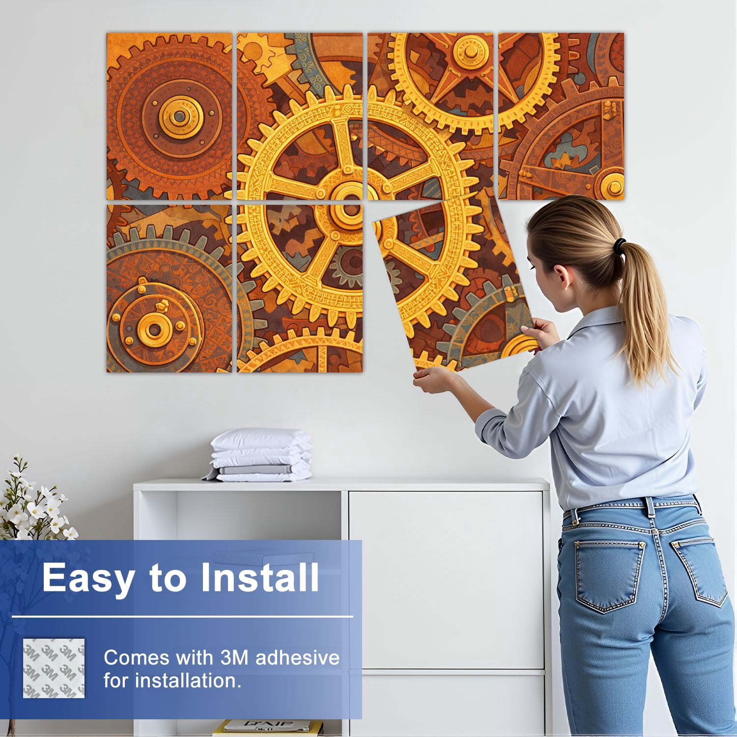 8 Pack Art Acoustic Panels Sound Absorbing Steampunk golden Decorative Soundproof Wall Panels Self Adhesive for Nursery Game Room Bedroom 48"x32"