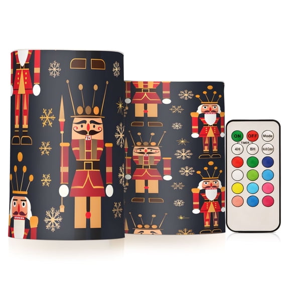 Christmas Golden Nutcracker Flickering Flameless Candles Battery Operated with Remote Timer LED Pillar Candles Set of 2