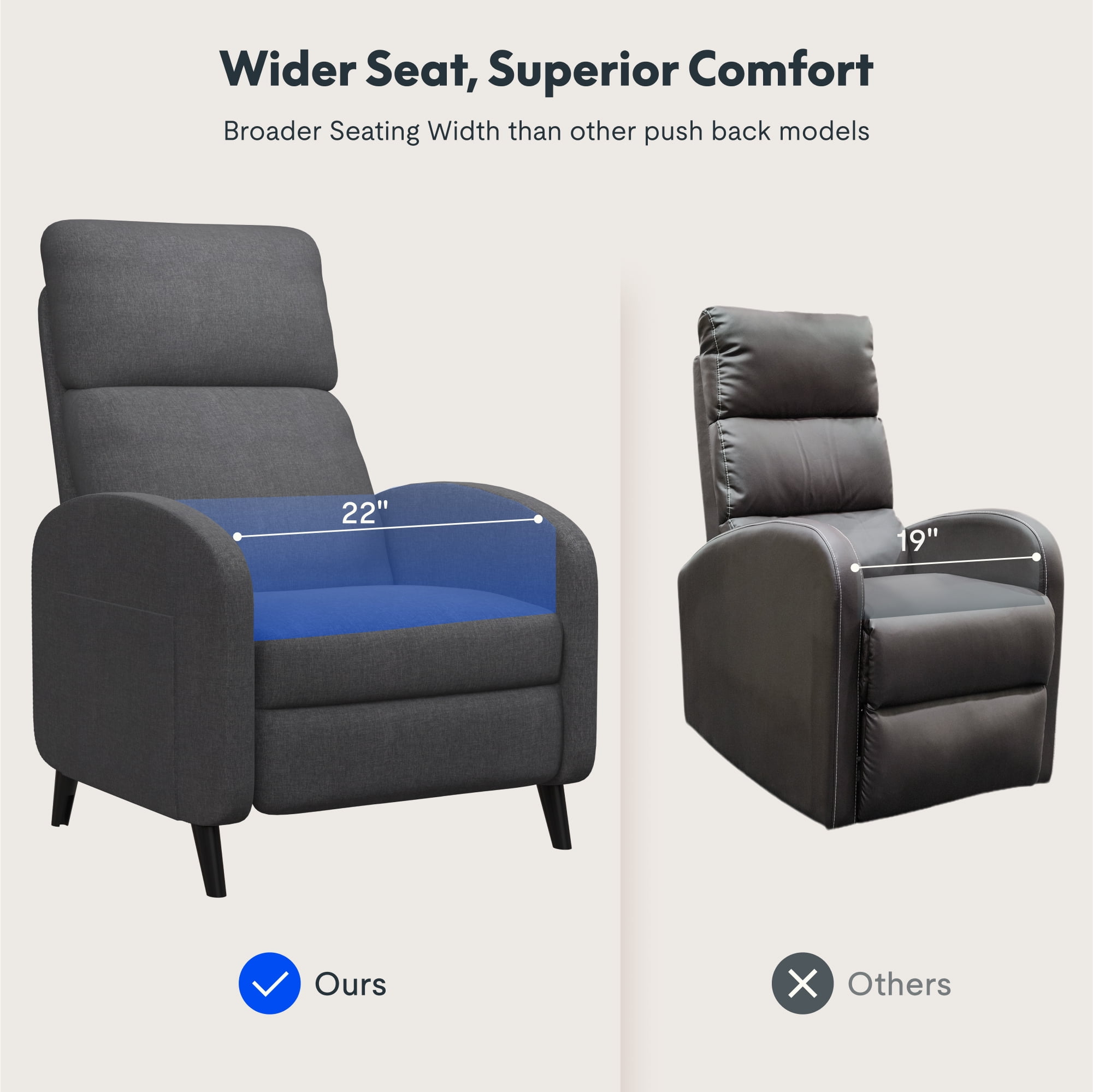 FLEXISPOT Pushback Recliner Chair Fabric Small Recliner Sofa Home Adjustable Reclining Chair Single Sofa with Padded Seat Backrest for Living Room,Gray