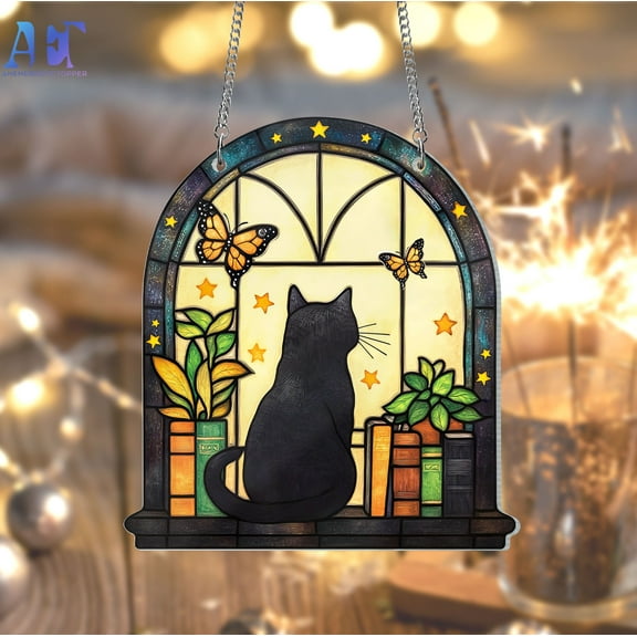 Black Cat And Book Suncatcher Ornament, Book Window Decor, Book Lover Gift,Reading Cat Acrylic Window Hanging,Cat Lover Gift, Librarian Gift