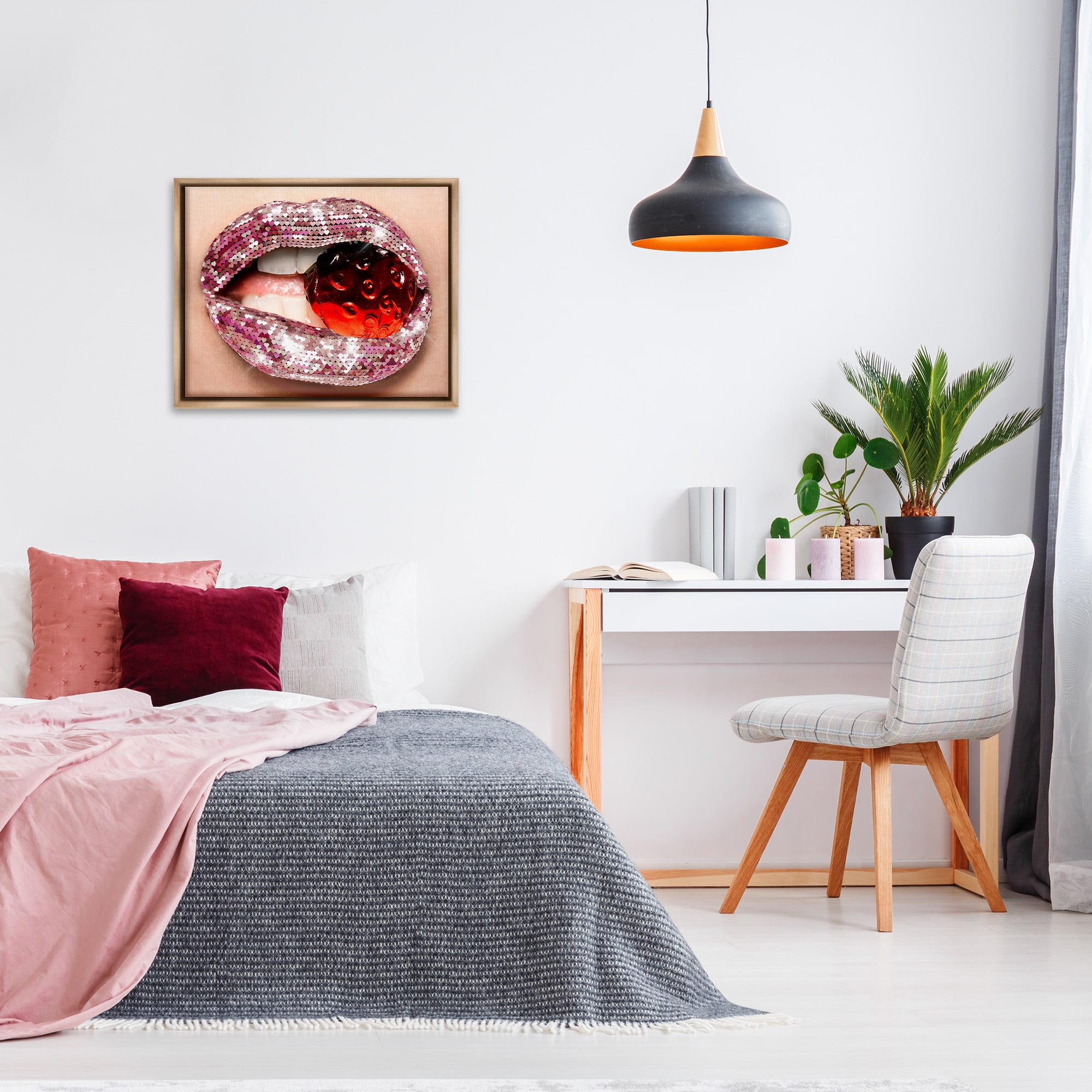 Stupell Industries Glam Biting Candy Novelty Painting Brown Floater Framed Canvas Art Print Wall Art, 31 x 25