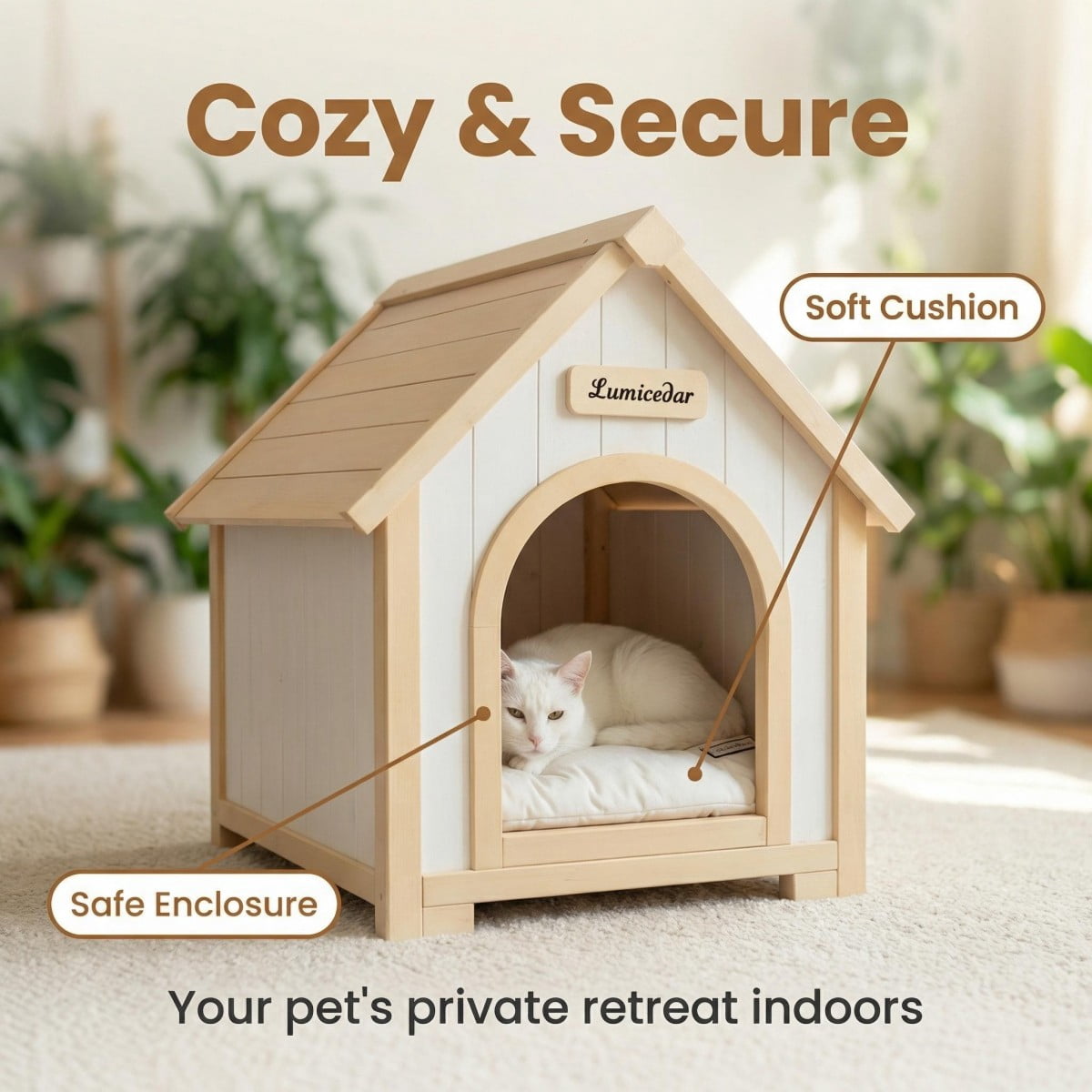 ENNSOO Modern Indoor Wooden Dog House with EVA Cushion, Solid Cedar Pet House for Small Dogs and Cats
