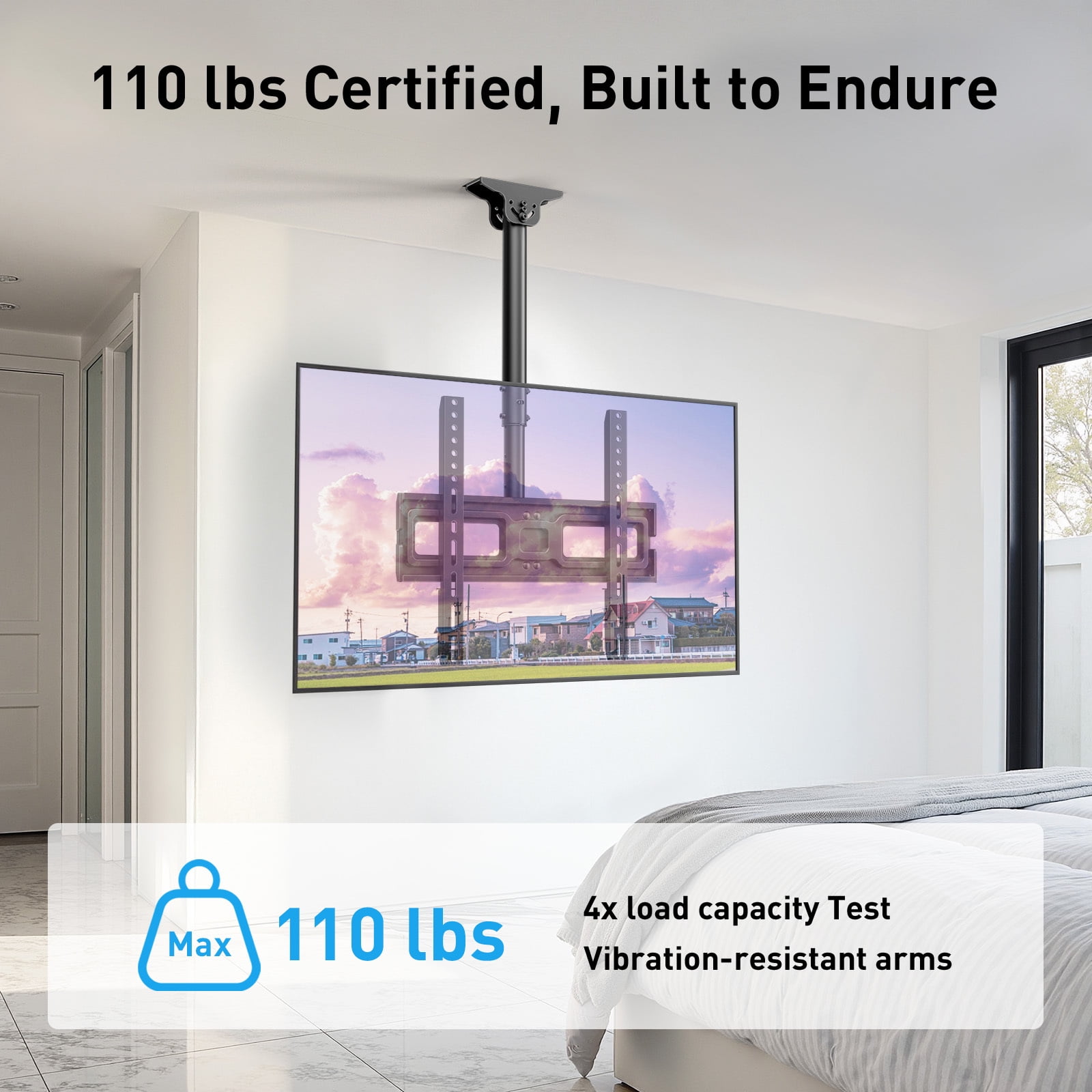 MountFTV Ceiling TV Mount for 26-70 inch TVs ,Holds up to 110lbs, Max 400x400mm, 6 Adjustable Height Setting Full Motion Hanging TV Wall Mount Bracket