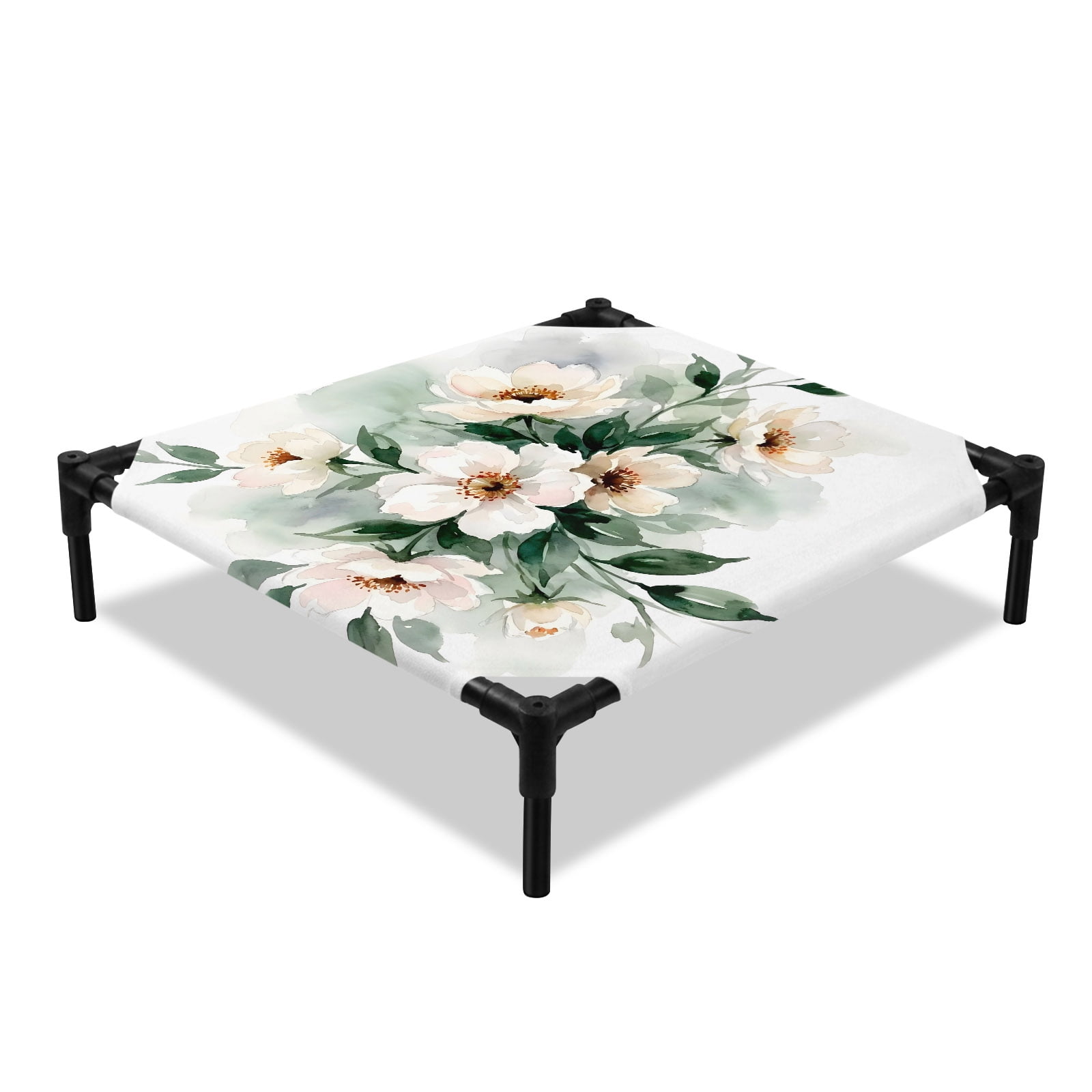 Watercolor Peony Bouquet Elevated Dog Bed Green Leaves Vintage Botanical Cooling Breathable Outdoor Raised Dog Cot Bed with Metal Frame Non-Slip Feet for Small Dog 20x20in