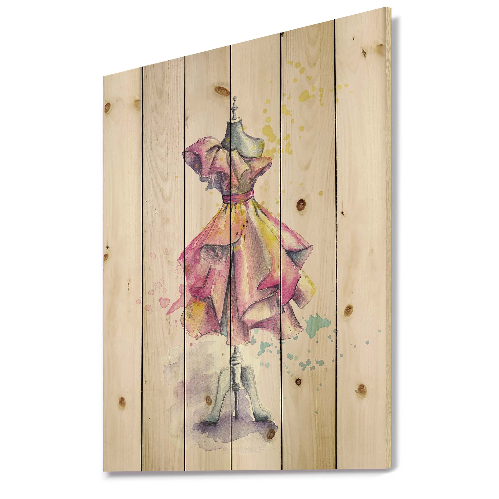 Designart 'Beautiful Purple Dress With Folds On Fashion Mannequin' French Country Print on Natural Pine Wood
