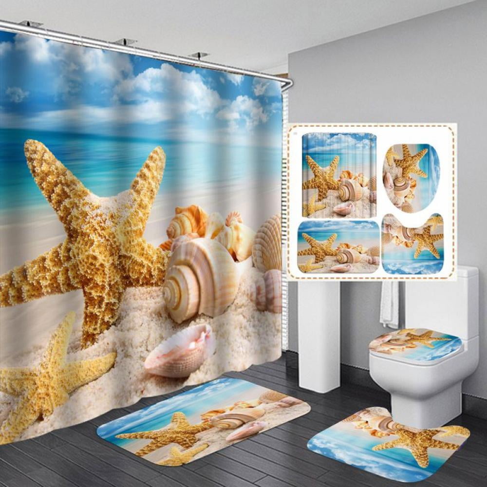 Details about   Conch Printed Shower Curtain Toilet Cover Mat Set Bathroom Shower Carpet Rug 