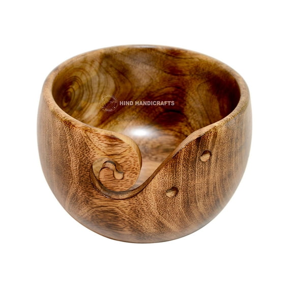 Hind Handicrafts Premium Solid Dark Handmade Crafted Wooden Portable Antique Yarn Storage Bowl - Holder for Knitting Crochet Hook Accessories (6" x 6" x 4", Antique - Torched 1)