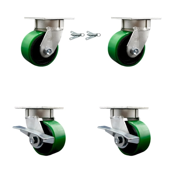 4 Inch Kingpinless Green Poly on Steel Wheel Caster Set 2 Swivel Locks 2 Brakes