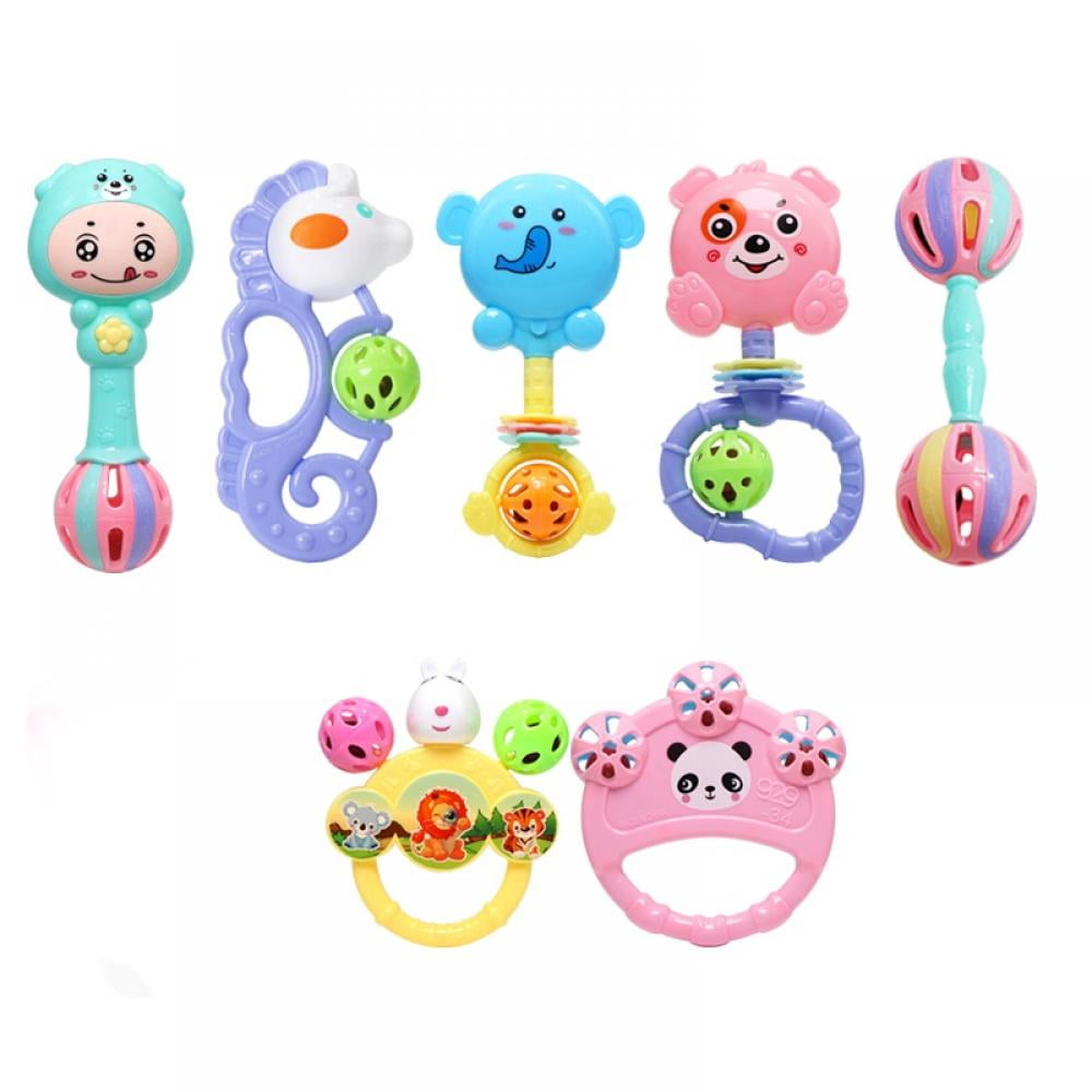 infunbebe 6pcs Baby Rattles Teether Toy Grab Shaker Spin Rattle Shaking Bell Set 