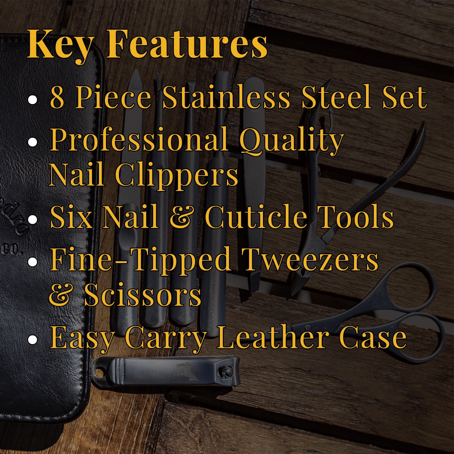 Pete & Pedro Men's 8-Piece Stainless Steel Professional Manicure Set For Men & Women | Nail Clippers, File, Cuticle Care, Scissors | Leather Travel Case, Pedicure, Grooming Kit | As Seen on Shark Tank