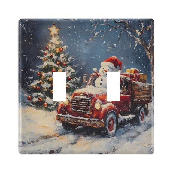 2 Gang Light Switch Cover Plate Christmas Tree and Snowman on Truck Wall Plate Decorate Electrical Outlet Cover Plates 4.56”x4.48”