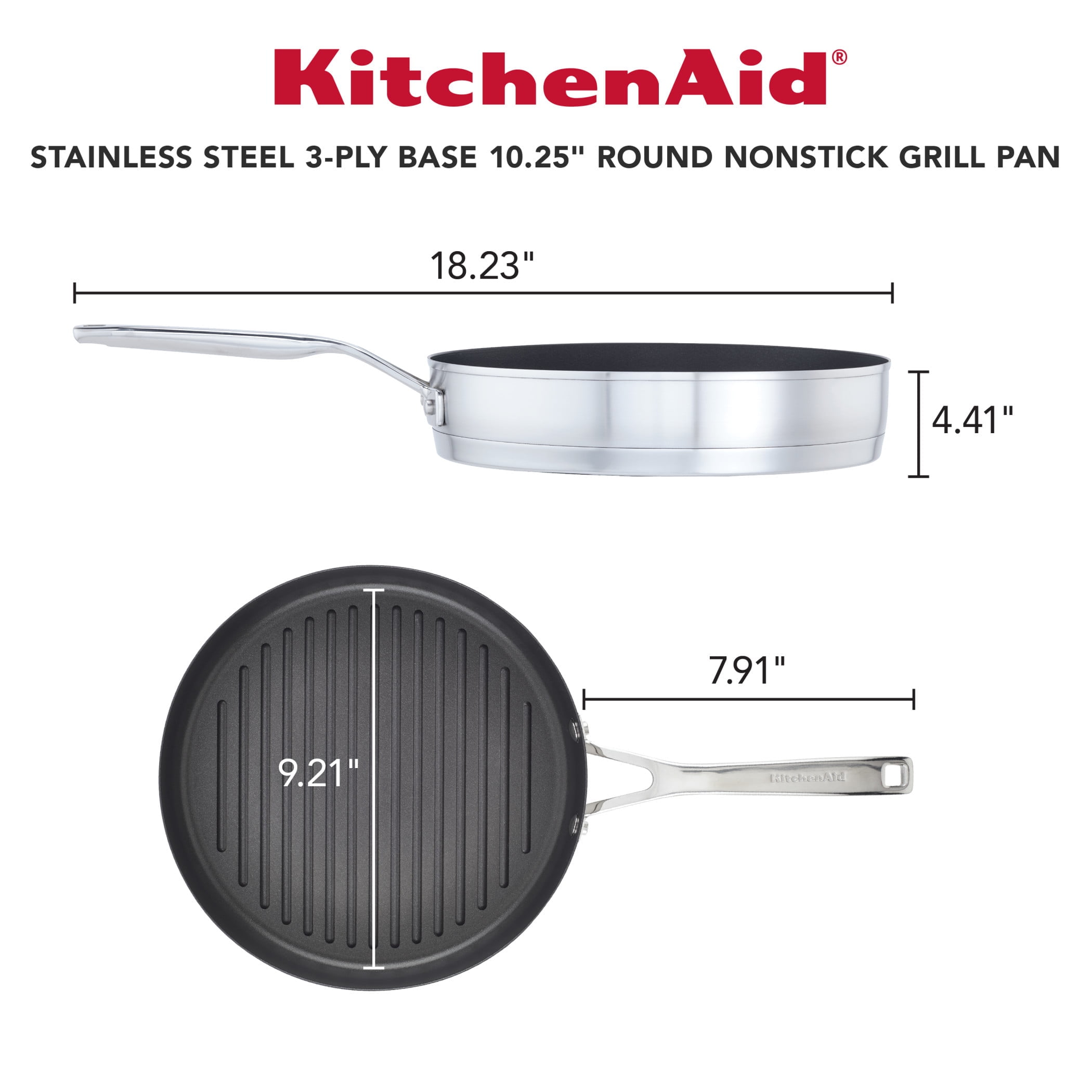 KitchenAid 3-Ply Base 10.25 Inch Stainless Steel Nonstick Induction Stovetop Grill Pan, Dishwasher Safe and Oven Safe to 500°F, Brushed Stainless Steel