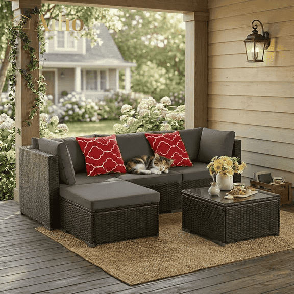 Aiho 5 Pieces Patio Furniture Set, All-Weather Wicker Outdoor Conversation Set with Coffee Table & Soft Cushions, Perfect for Patio, Garden, Yard, Gray