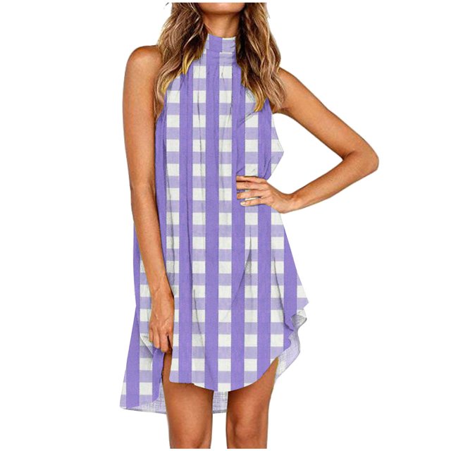 FcBaudy Robe Cheville Sans Manches à Col Rond, Robes pour Femmes, Robes d'Été pour Femmes Robe à Rayures à Pois pour Femme Robe Sans Manches à Col Rond Longueur Genou Robe Femme