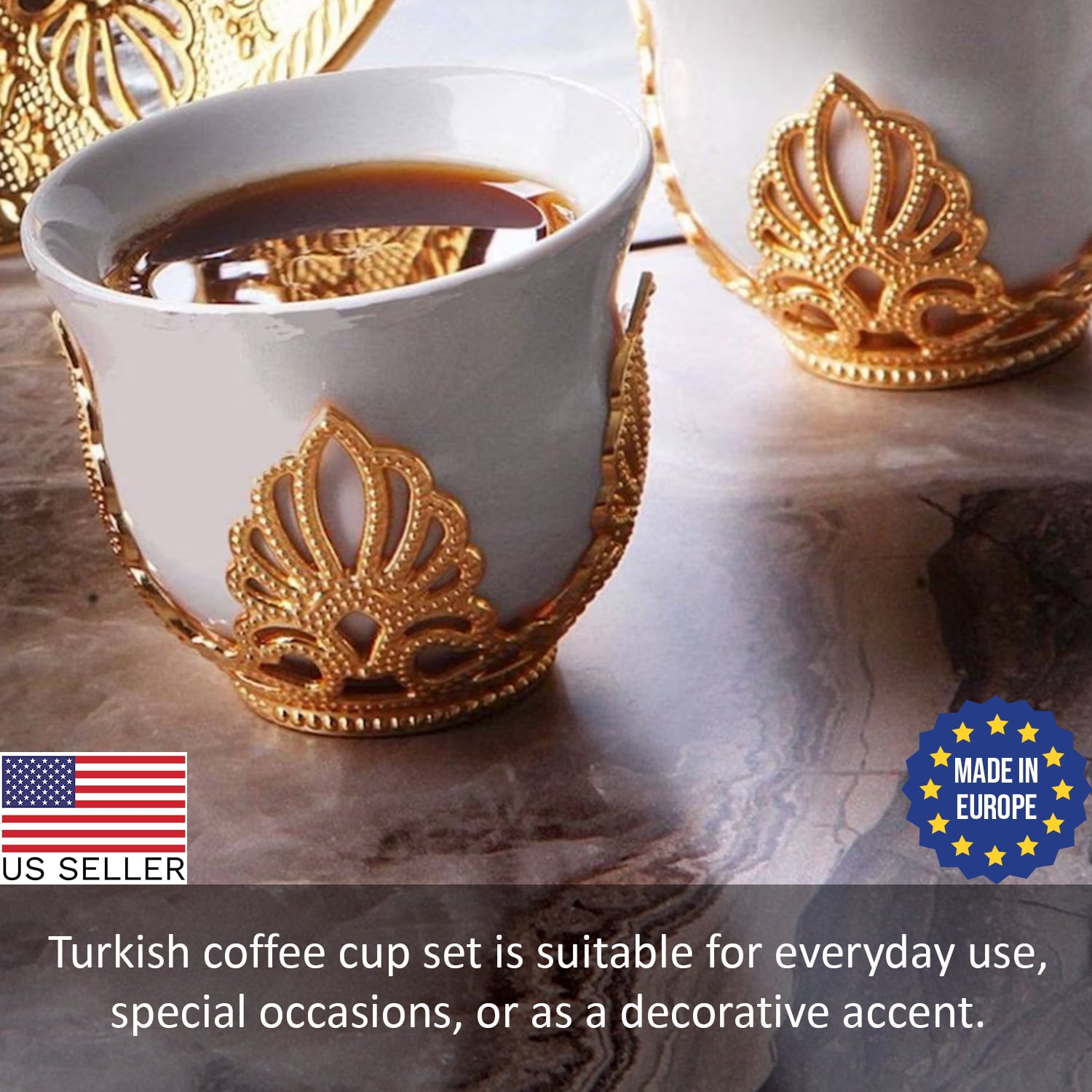 Coffee Cup Set of 6 | Luxurious 18-Piece Handcrafted Porcelain Cups with  Metal Saucers and Removable Cup Holders | Turkish Coffee Cup Set | Juego de