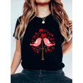 thumbnail image 1 of Happy Valentines Day Heart Lover Birds Heart Roses T-Shirt Graphic Print, Round Neck, Short Sleeves, Stretch Fabric, Summer Top, 1 of 6