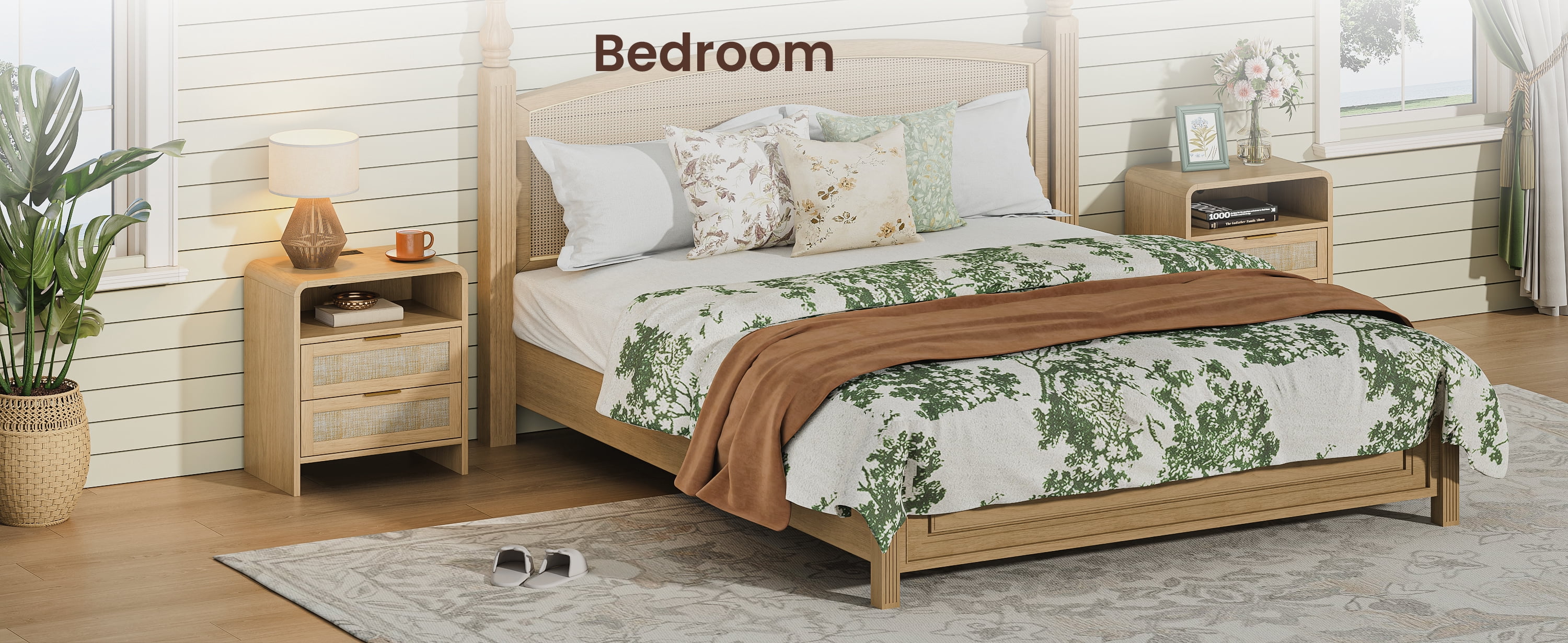 Nightstand Sets, Bedside Table Sets, Rattan Nightstand with Integrated Power Outlet, 2 Drawers, Open Shelf, Curved Design, Set of 2 Matching Bedside Tables for Bedroom, Natural Oak