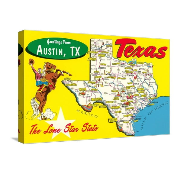 Art.com Greetings from Austin, Texas Stretched Canvas Print Wall Art, 24" x 16"