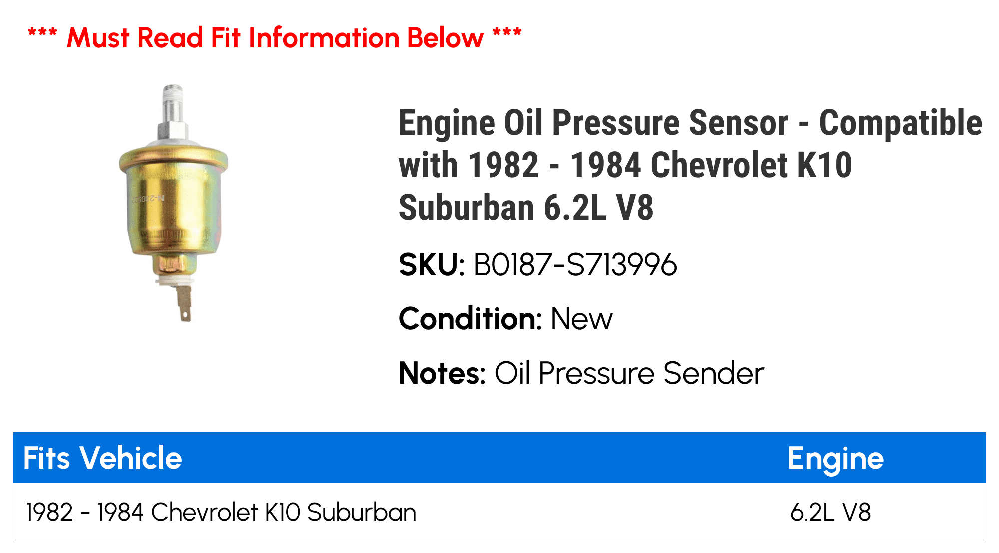Engine Oil Pressure Sensor - Compatible with 1982 - 1984 Chevy K10 Suburban 6.2L V8 1983