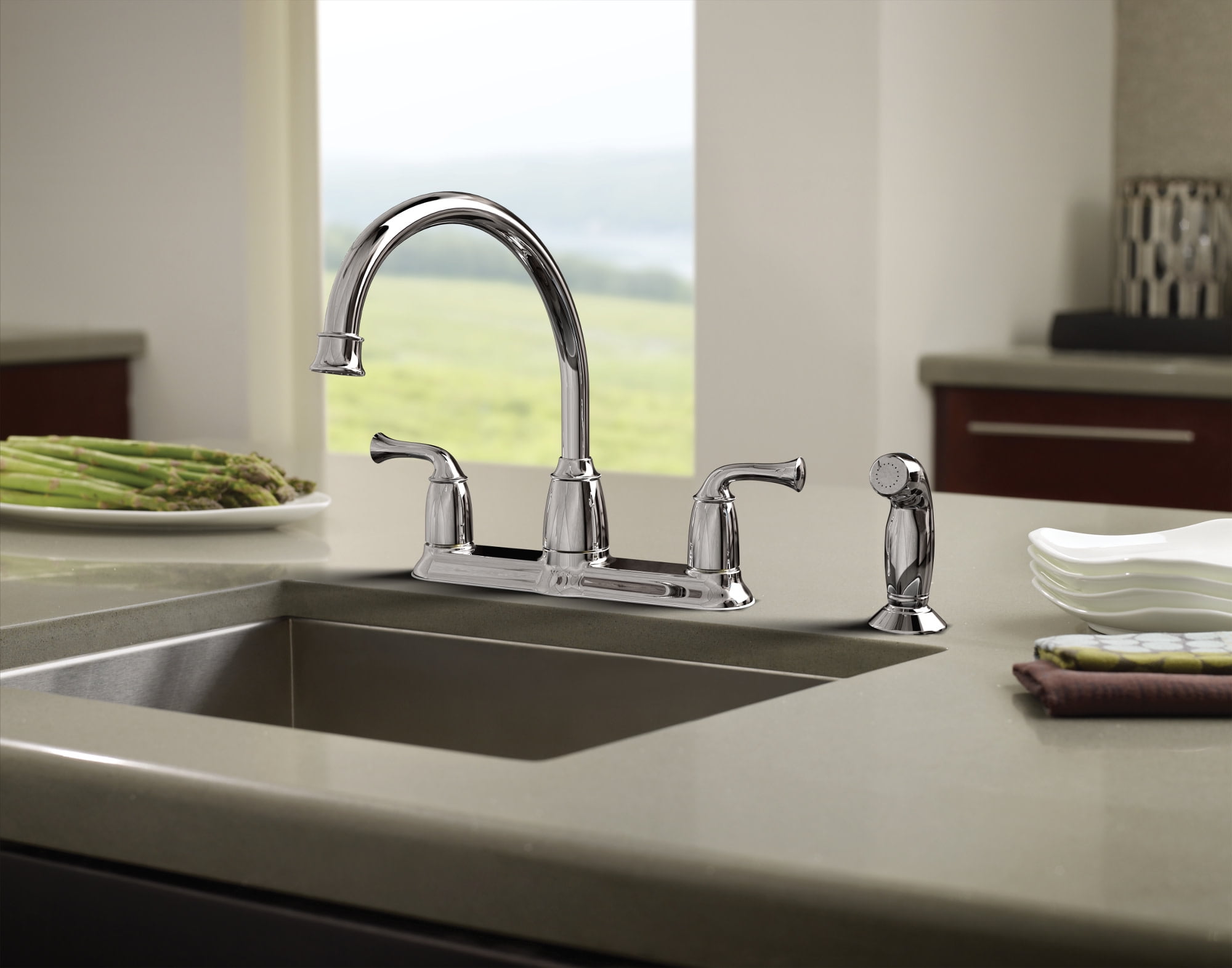 Moen Banbury Chrome Two-Handle High Arc Kitchen Faucet with Side Sprayer