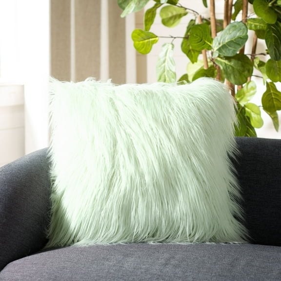 SAFAVIEH Caelie Faux Fur 20" x 20" Shag Plush Pillow, Mint