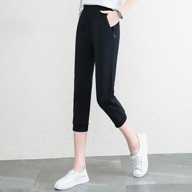 Pantalones casuales de cintura alta, de secado rápido, elásticos, drapeados, de seda fría, para mujer, de verano, finos, de mediana edad, para mamás, antiarrugas, con bolsillo y cremallera
