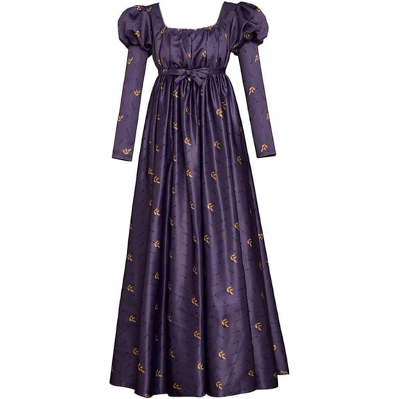 Women's Regency Empire Waist Dress Vintage Floral Puff Sleeve Long Gown with Belt