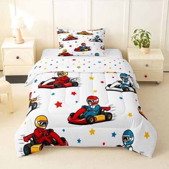 Manfei Cute Race Car Twin Comforter Sets,Kawaii Stars Bedding Set,White,Polkadot Reversible,2-Piece,1 Comforter and 1 Pillowcase
