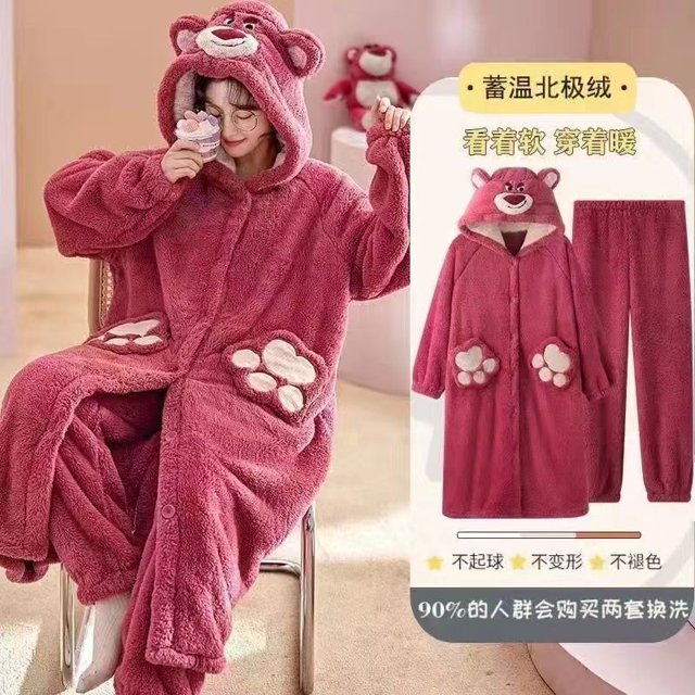 Pyjamas d'Automne et d'Hiver pour Femmes Fraises Corail Velours Pyjamas Confortables en Coton Velours Longs Pyjamas Épaissis